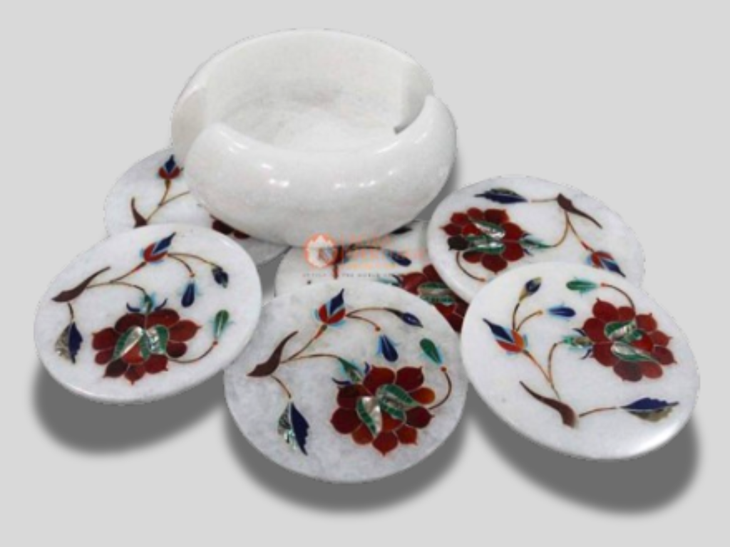 White Marble Coaster Set Carnelian Floral Inlay Home Decor Art